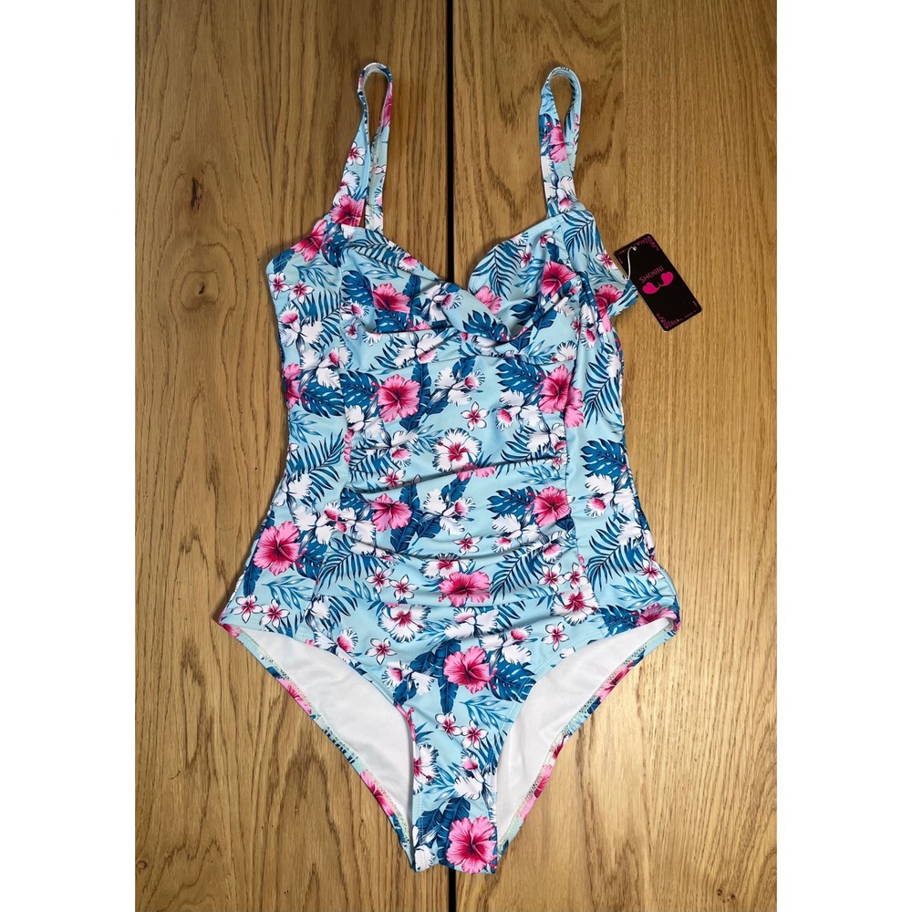Shekini One Piece Swimsuit Women Size M Blue Tropical Floral Ruched Beachwear‎